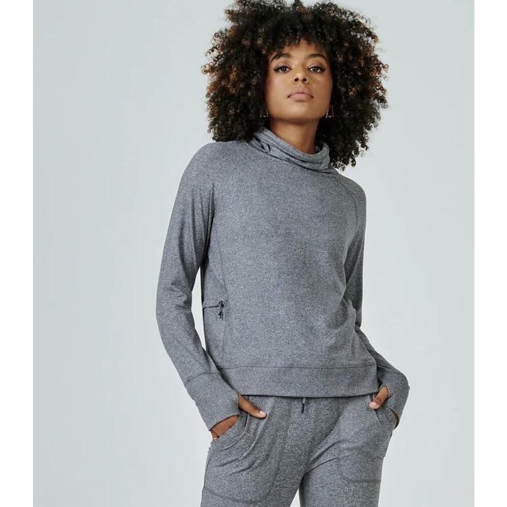 7 Diamonds Hoodie Womens Small Gray Cowl Neck Thumbholes Zip Pocket Pullover